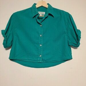Denim Forum Cropped Button Down Shirt Teal Green Cotton Short Sleeve Size XS